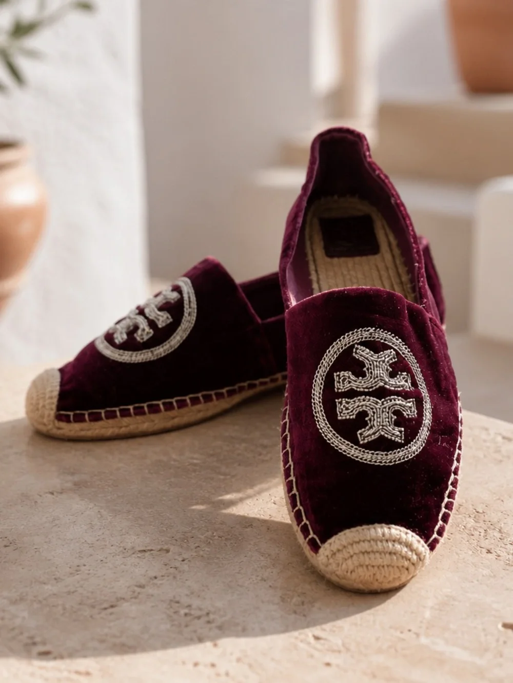 Tory Burch Burgundy Velvet Espadrilles with Embroidered Silver. Size 10.5. $396